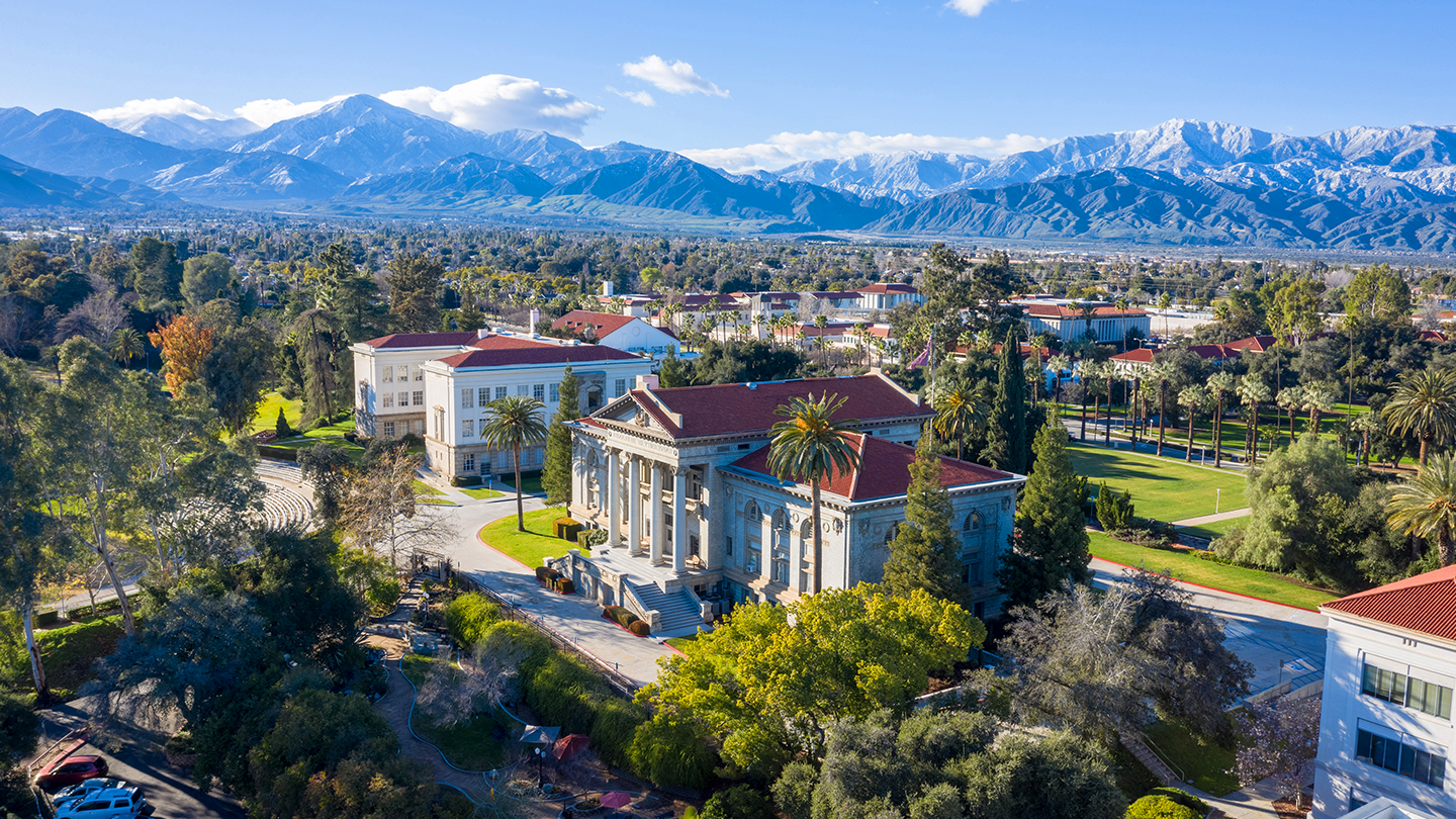 Aerial view of the University of Redlands and the Administration building on the bottom right.